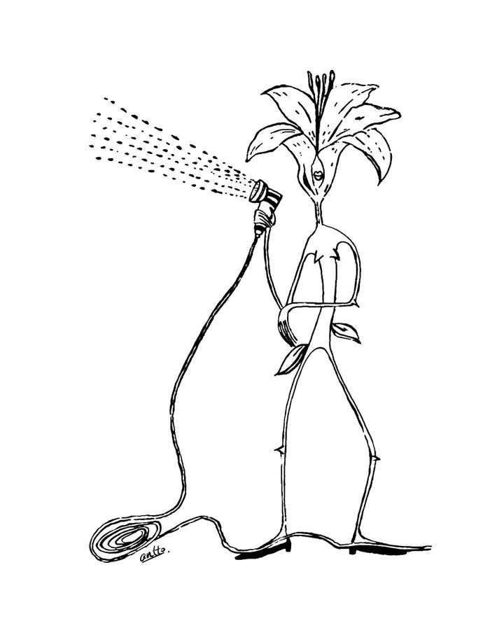 Flor que se riega a sí misma — viñeta de antto.