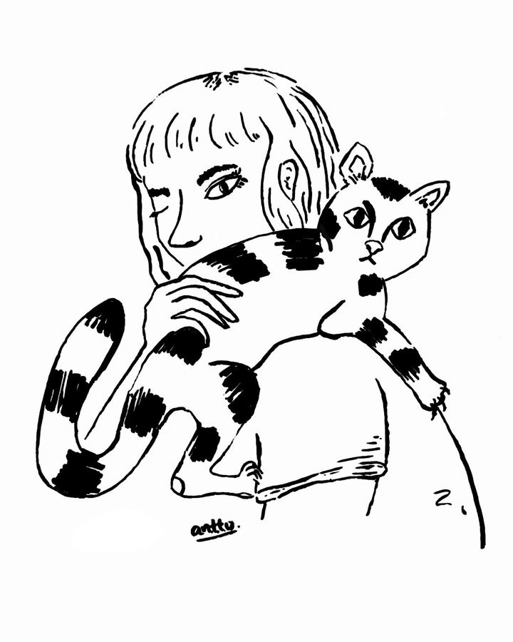 Mujer con gata al hombro — ilustración de antto.